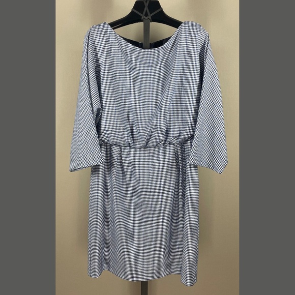 Trina Turk Dress Womens 10 blue white plaid blouson pencil dolman designer - Picture 1 of 8